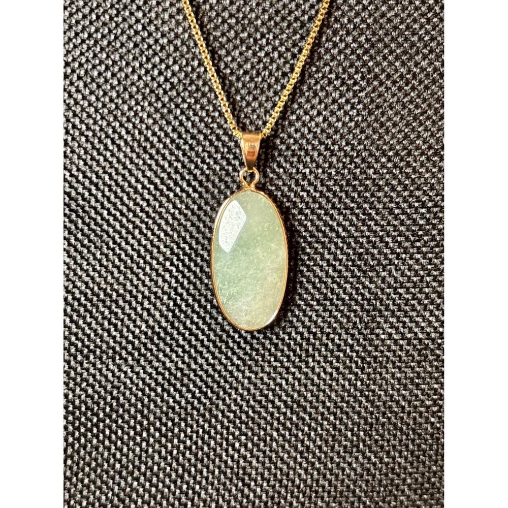 Gold Tone Stainless Steel Oval Green Stone Pendant Necklace 24-26 Inch Chain